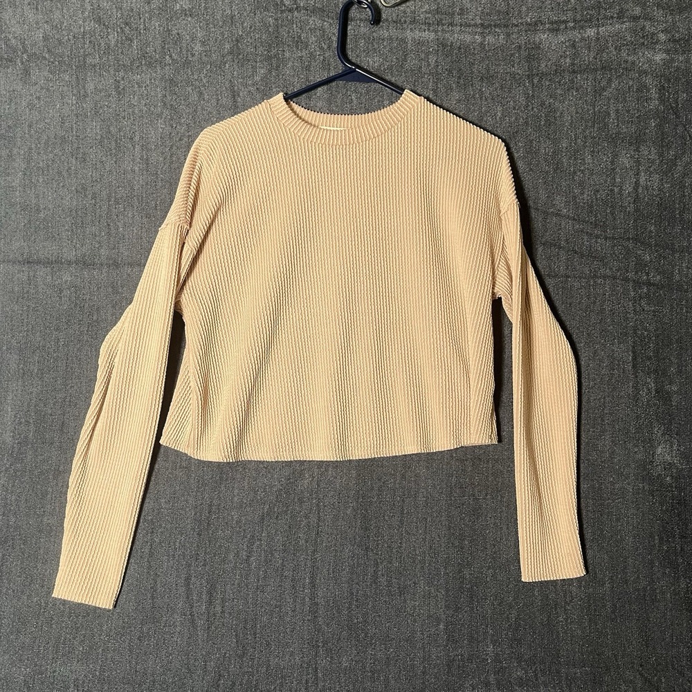 Moa Moa Womens Size Small Ribbed Knit Cropped Top Long Sleeve Tan Peach Crewneck